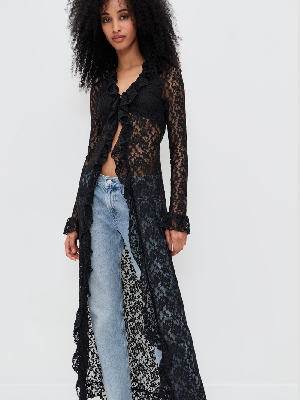Black Lace Longline Robe - Sheer Ruffle-Trim Intimate - Picture 3 of 4